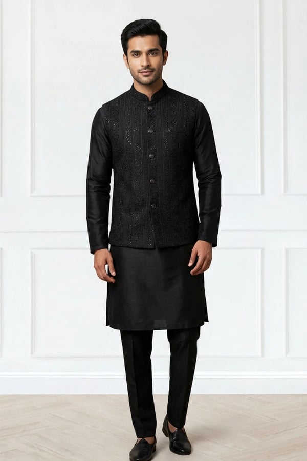 Men's waistcoat with kurta set - Black, 36