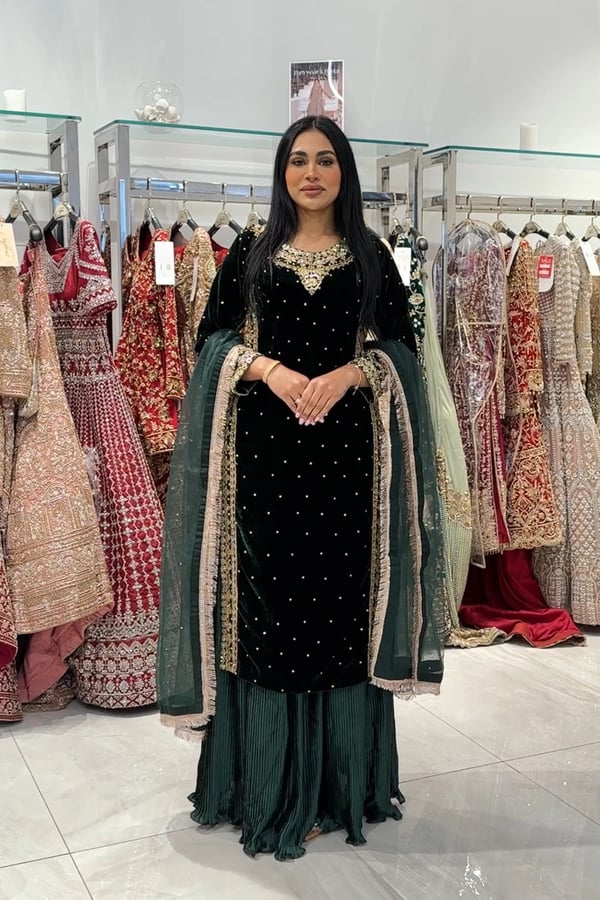 Gulnaar velvet premium collection lengha suit - DGREEN, X - Large