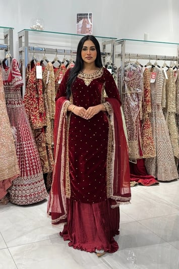 Gulnaar velvet premium collection lengha suit - Maroon, X - Large