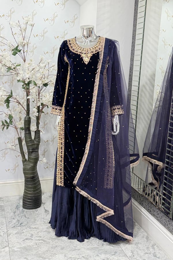 Gulnaar velvet premium collection lengha suit - Navy, X - Large