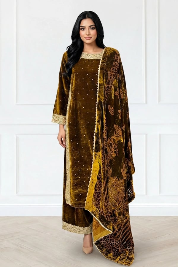 Mahin velvet premium collection 3 piece suit - Brown, X - Large