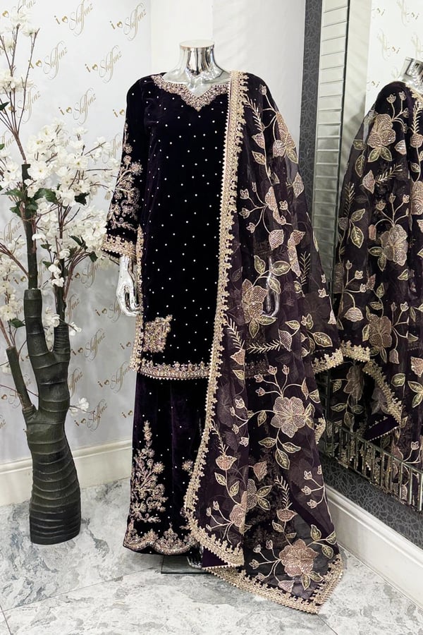 Nayab velvet premium collection 3 piece plazo suit - Purple, X - Large