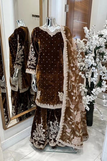 Nayab velvet premium collection 3 piece plazo suit - MEHNDI, Small