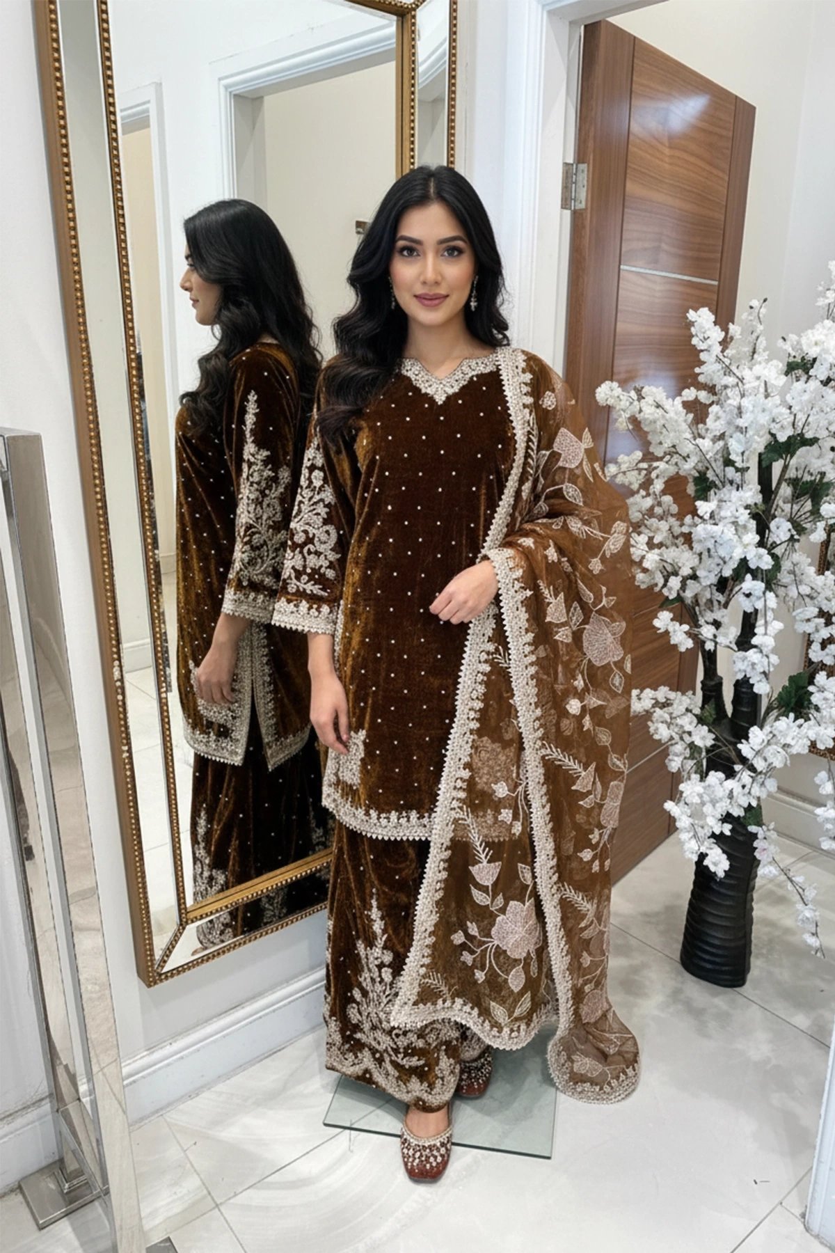 Nayab velvet premium collection 3 piece plazo suit - Image 2