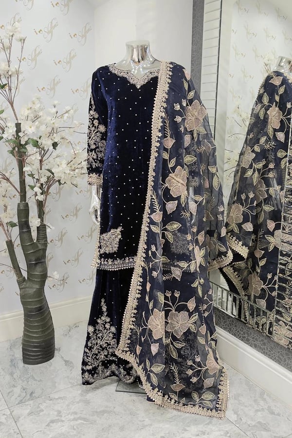 Nayab velvet premium collection 3 piece plazo suit - Navy, X - Large