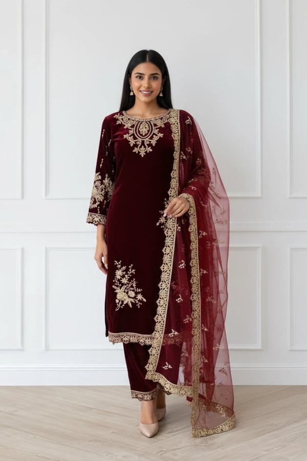 Rosa velvet collection 3 piece shalwar suit - Maroon, X - Large