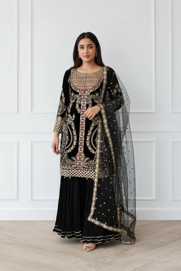 Rosa velvet collection 3 piece suit with crushed plazo - Black, X - Large