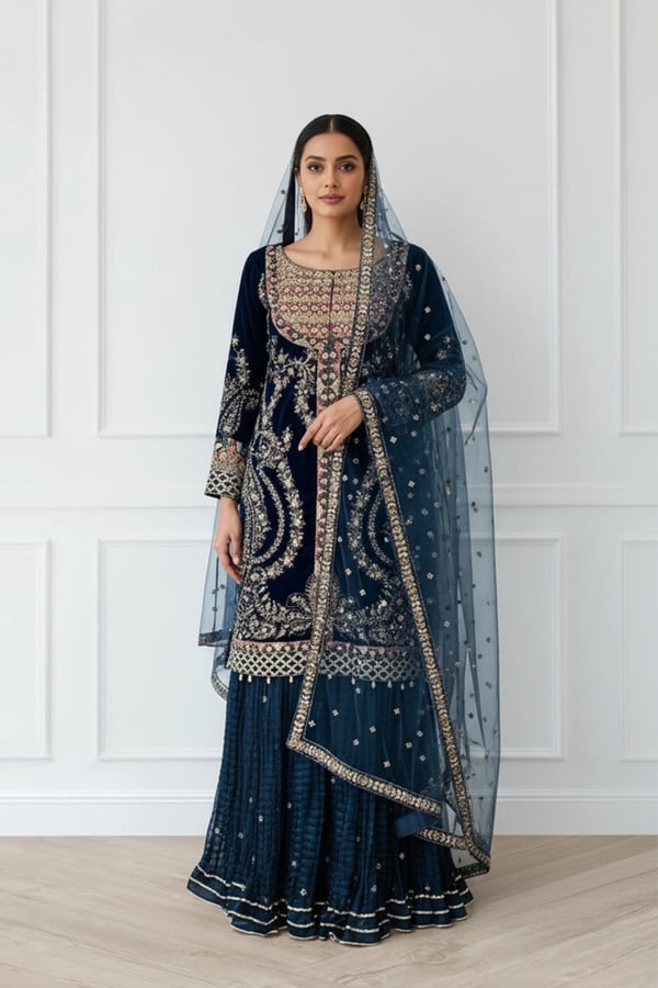 Rosa velvet collection 3 piece suit with crushed plazo - Navy, X - Large