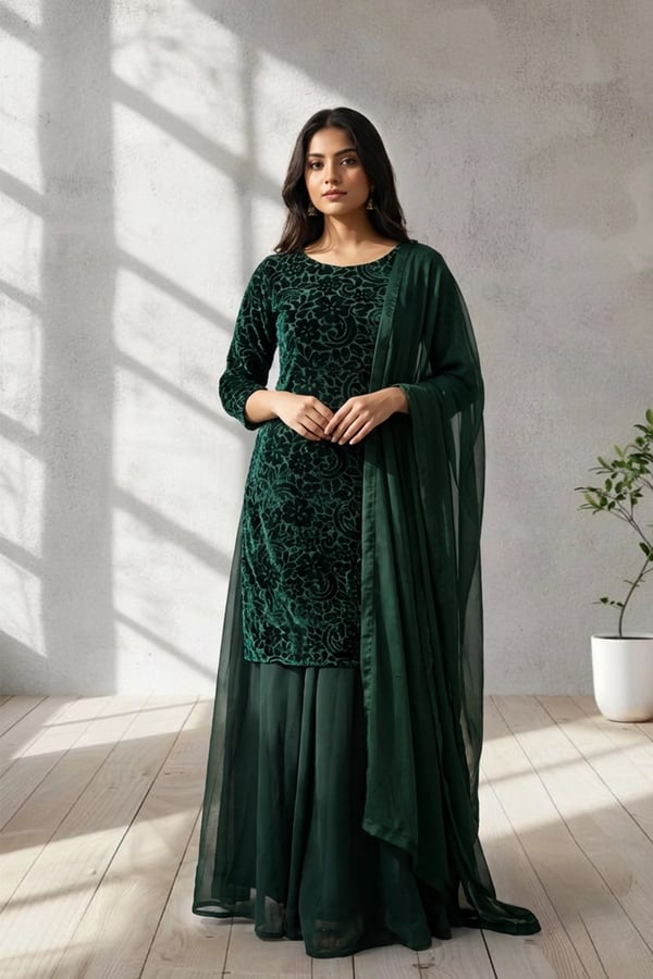 Velvet 3 piece embroidered plazo suit - DGREEN, X - Large