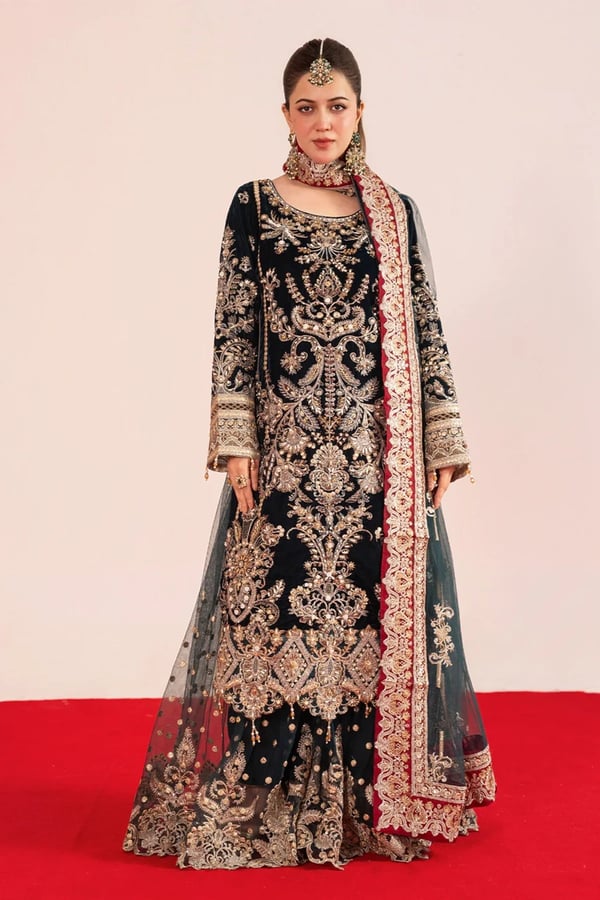 Imrozia 3 piece luxury embroidered sharara velvet collection - Teal, X - Large