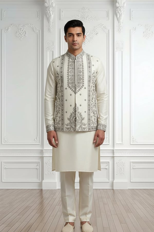 Men's Kurta waistcoat set - Cream, X - Large