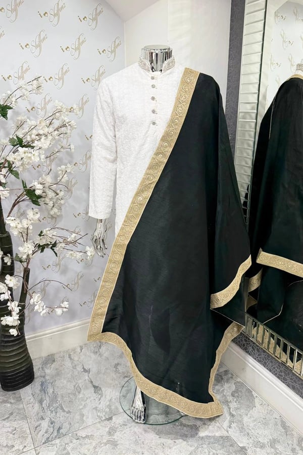 Men's luxe raw silk embroidered dupatta - Black, FREE SIZE