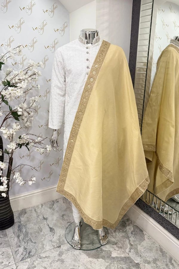 Men's luxe raw silk embroidered dupatta - Gold, FREE SIZE
