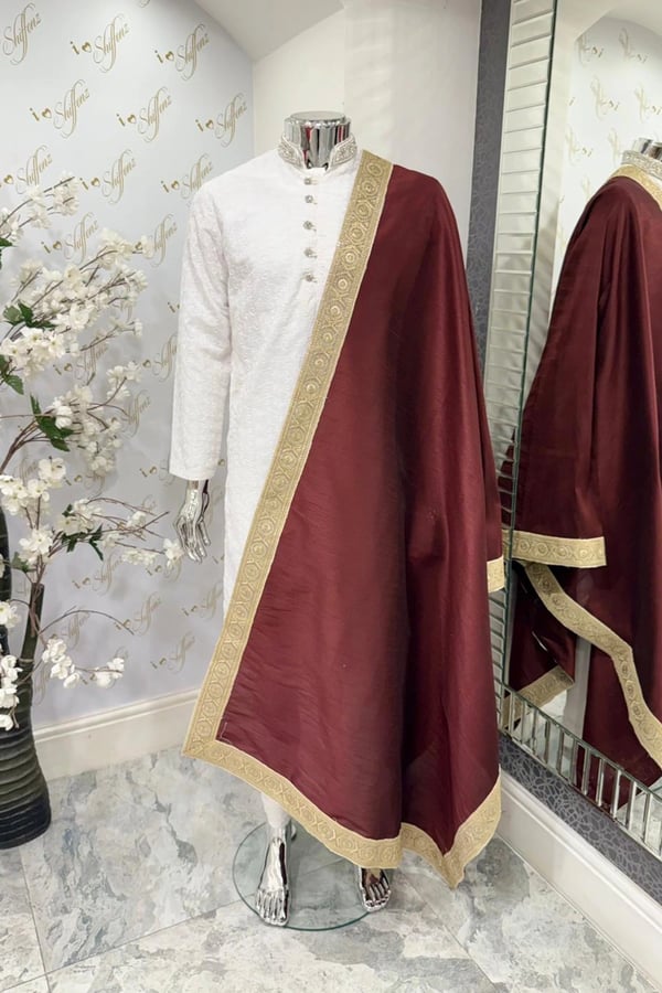 Men's luxe raw silk embroidered dupatta - Maroon, FREE SIZE