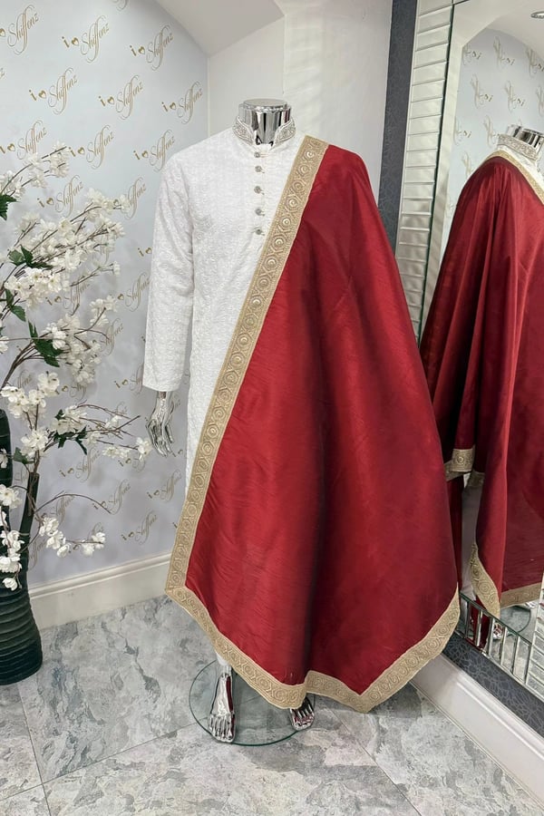 Men's luxe raw silk embroidered dupatta - Red, FREE SIZE