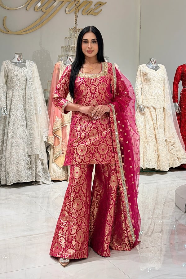 Nayab premium collection 3 piece banarasi sharara suit - DKPINK, 38