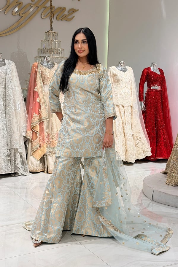 Nayab premium collection 3 piece banarasi sharara suit - SBLUE, 36