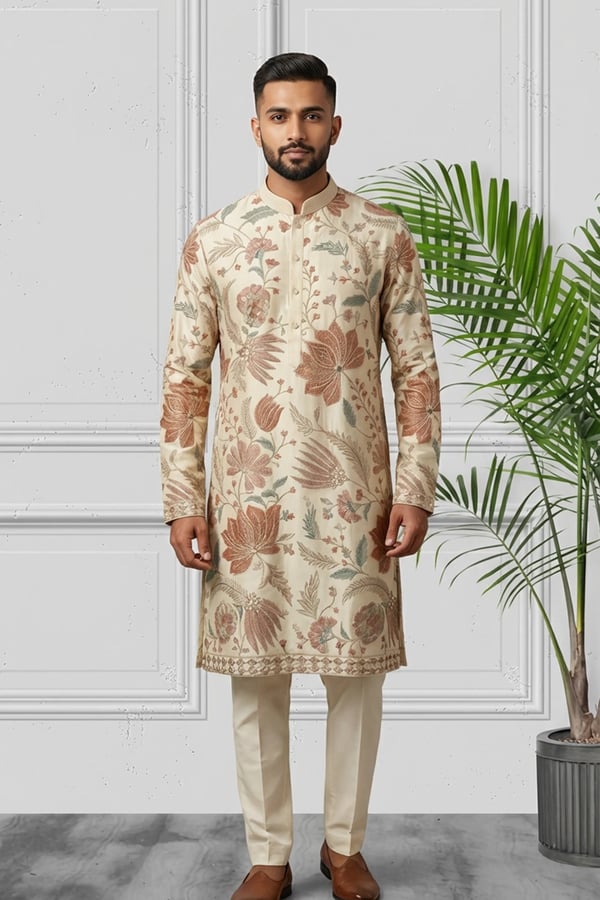 Men's embroidered kurta suit - Cream, 36