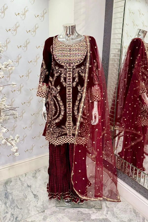 Rosa velvet collection 3 piece suit with crushed plazo