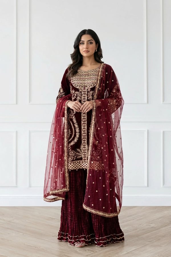 Rosa velvet collection 3 piece suit with crushed plazo