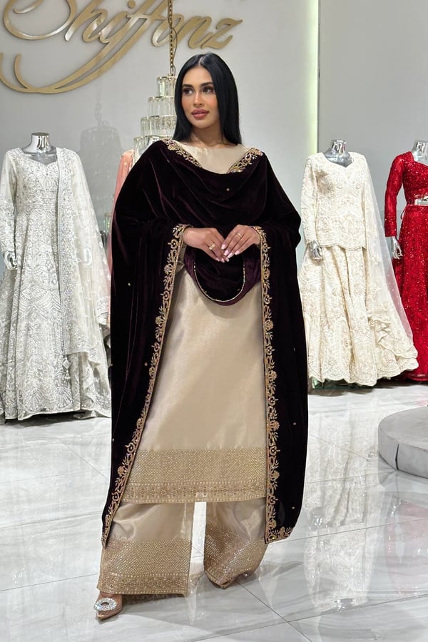 Velvet luxe shawl with heavy border - Plum, FREE SIZE