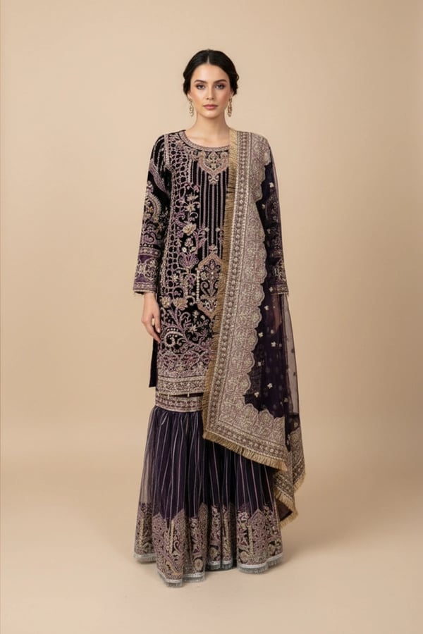 Imrozia 3 piece embroidered velvet gharara suit