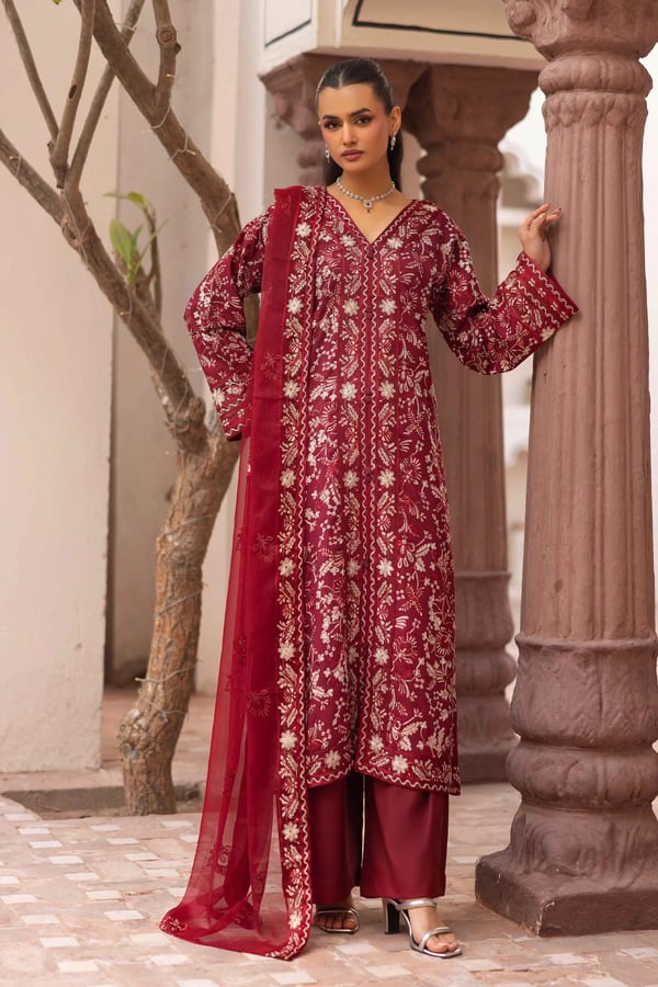 Inaya linen collection 3 piece casual suit - Maroon, X - Large