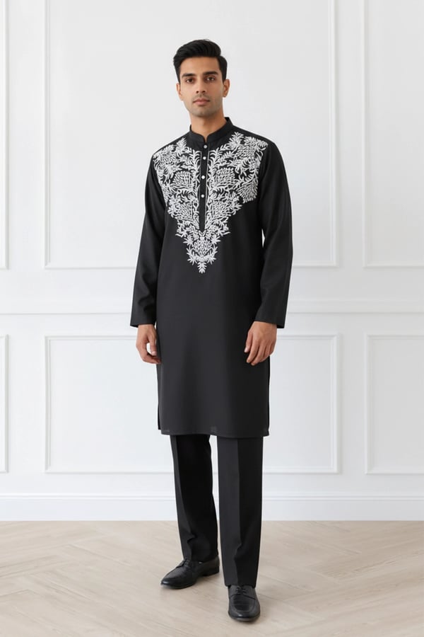 Men's embroidered kurta set - Black, 34