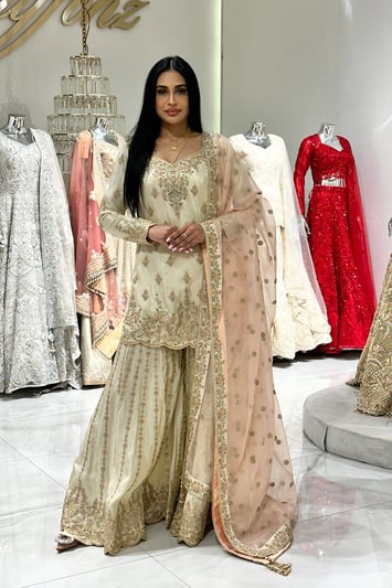 Shiffonz 3 piece luxe embroidered sharara suit - Gold, 38