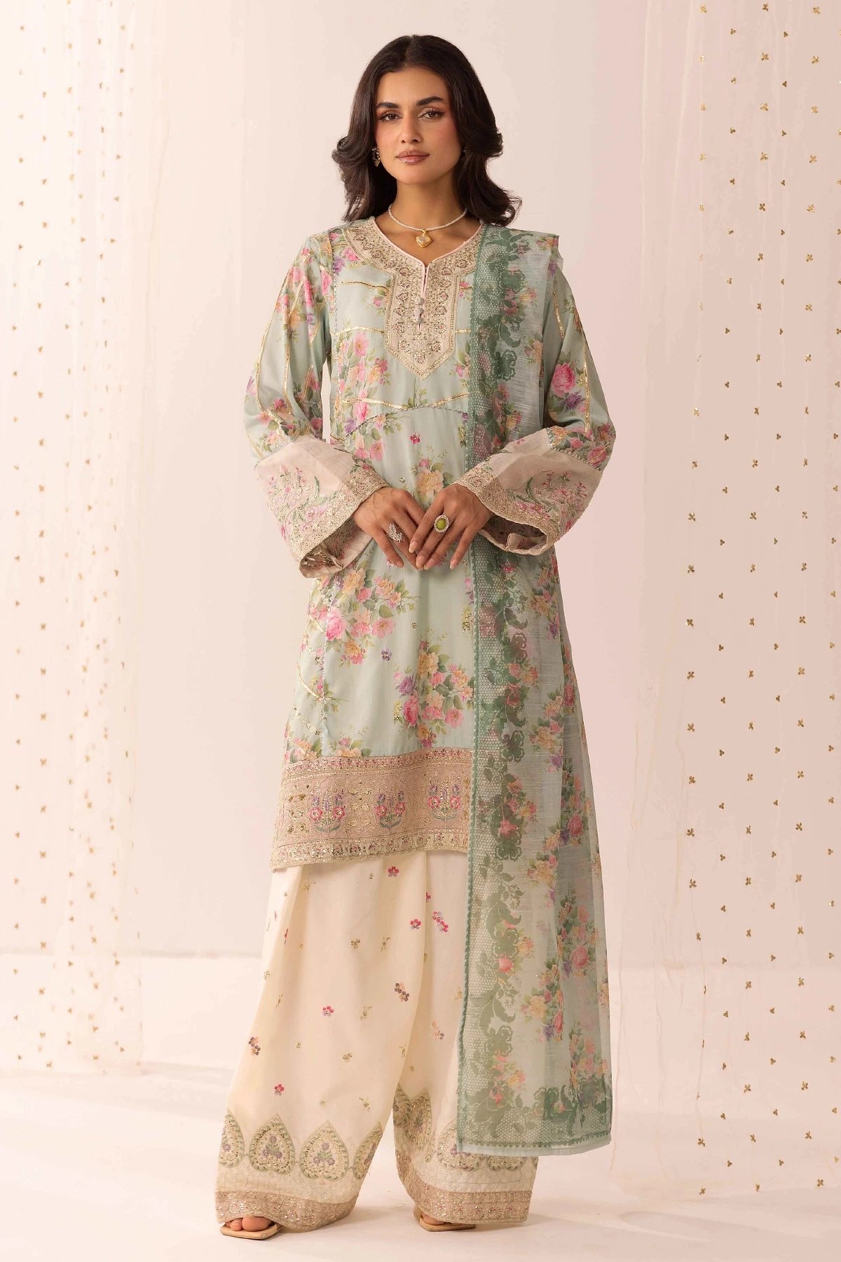 Ethnic Eid fit 3 piece lux embroidered farshi shalwar suit