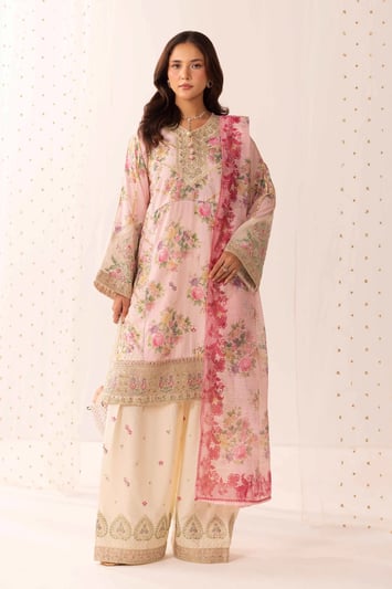 Ethnic Eid fit 3 piece lux embroidered farshi shalwar suit - Pink, Large