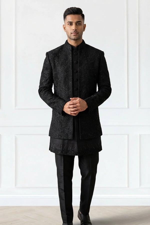 Men's luxe sherwani with trouser - Black, 40