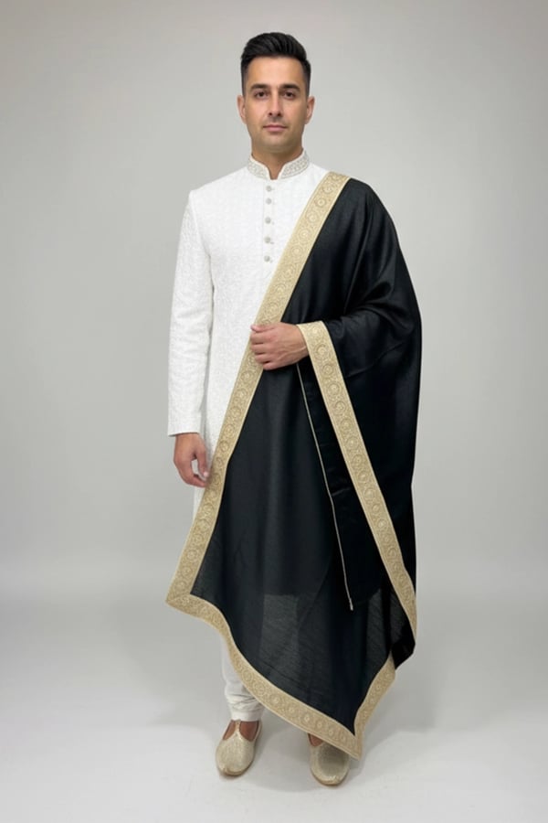Men's luxe raw silk embroidered dupatta - Black, FREE SIZE