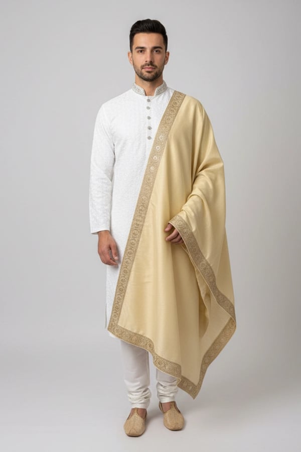Men's luxe raw silk embroidered dupatta - Gold, FREE SIZE