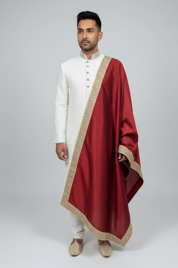 Men's luxe raw silk embroidered dupatta - Red, FREE SIZE