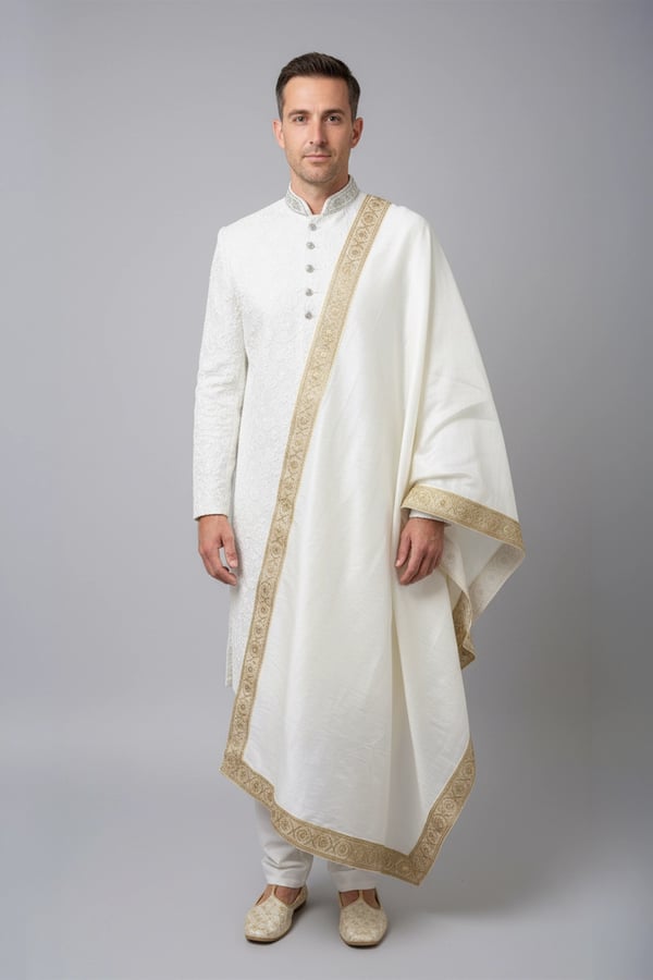 Men's luxe raw silk embroidered dupatta - White, FREE SIZE