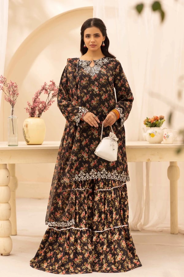 Eid 2026 Aavza premium collection 3 piece gharara suit - Black, X - Large