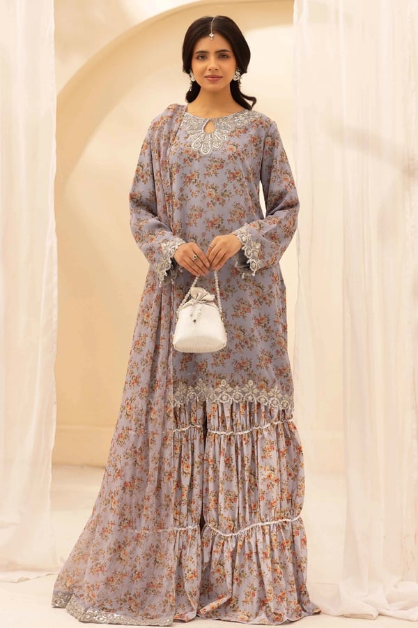 Eid 2026 Aavza premium collection 3 piece gharara suit - Grey, X - Large
