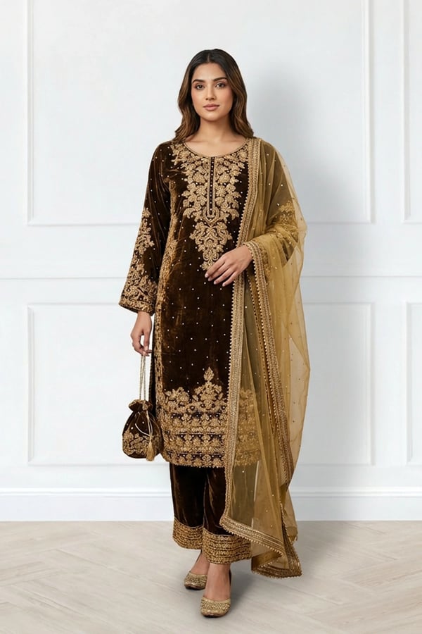 Aya premium velvet collection 3 piece suit - MEHNDI, X - Large