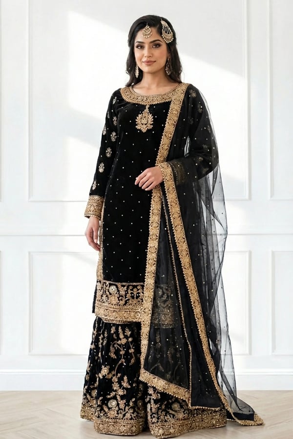 Aya premium velvet 3 piece luxe lengha suit - Black, X - Large