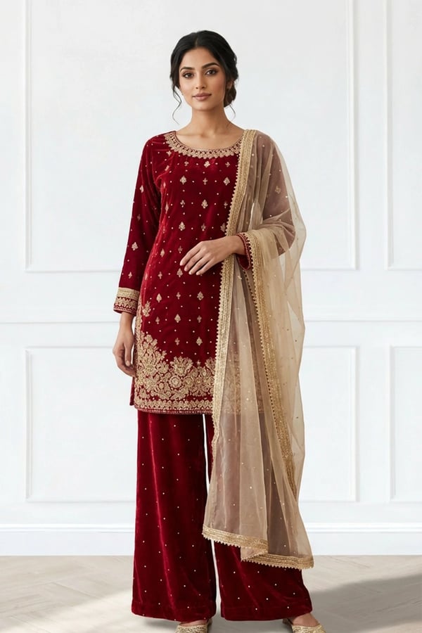 Aya premium velvet 3 piece luxe plazo suit - Red, X - Large