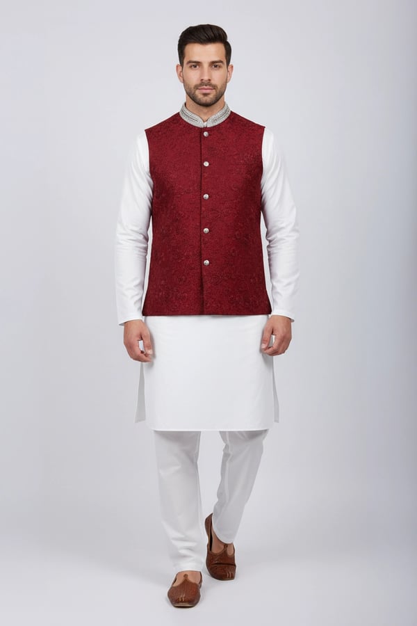 Men’s Premium Raw Silk Formal Waistcoat - Maroon, 34