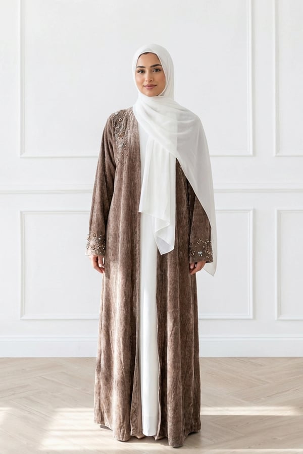 Roza collection velvet embellished open Abaya - Brown, 52