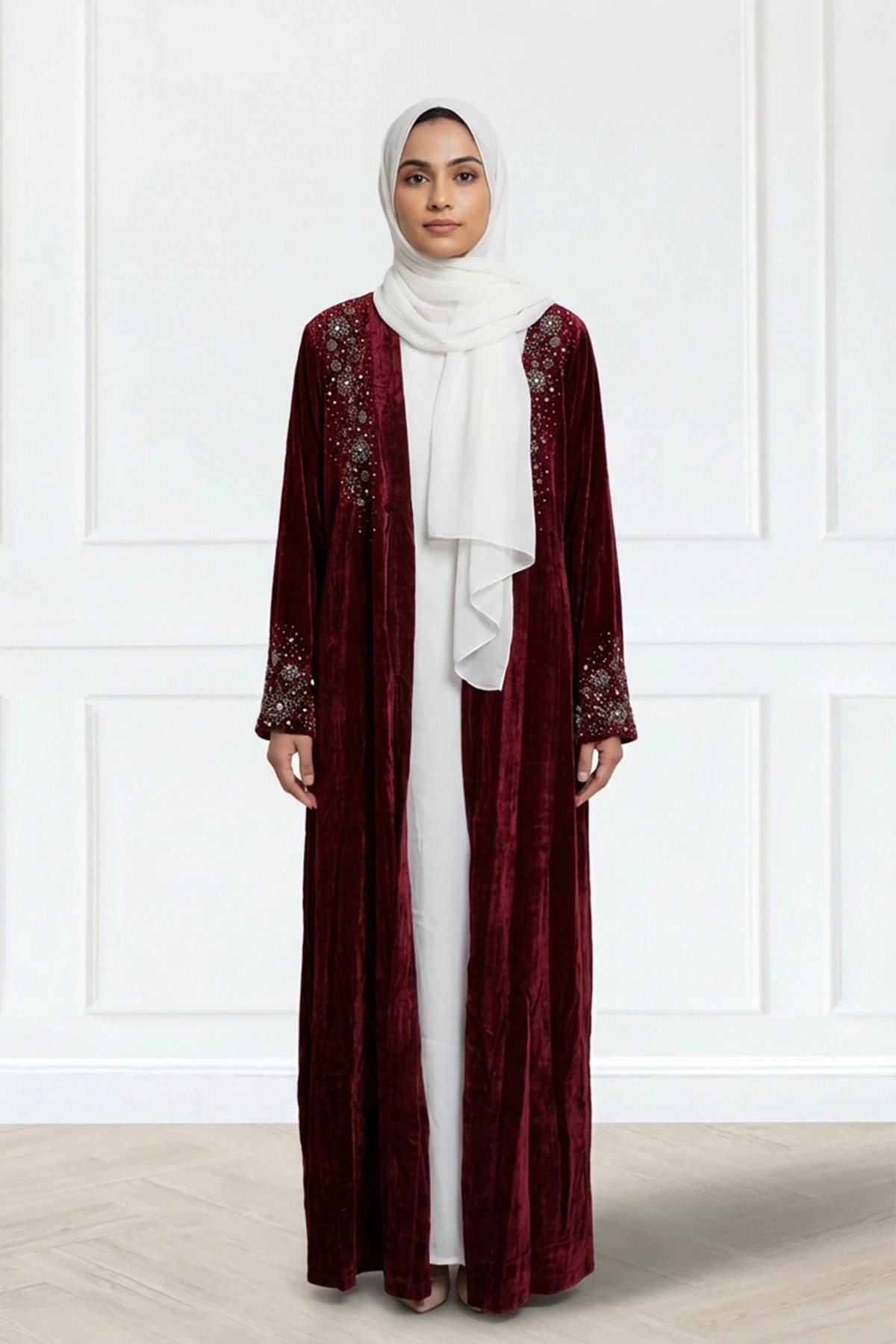 Roza collection velvet embellished open Abaya
