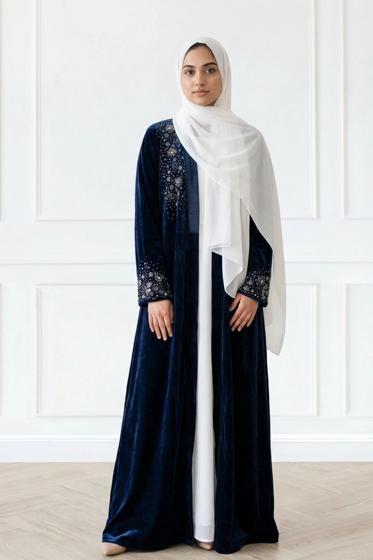 Roza collection velvet embellished open Abaya - Image 2