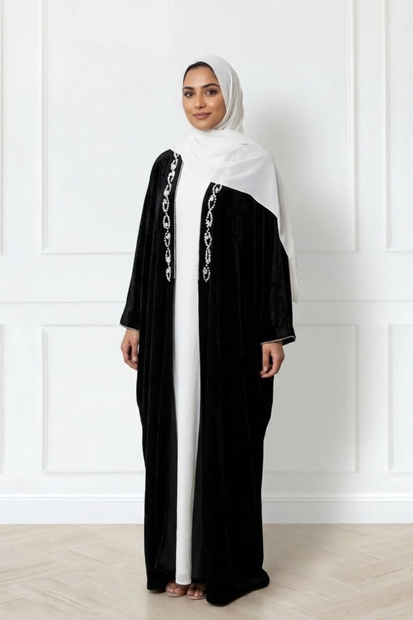 Roza Abaya collection with embroidered edges - Navy, 50