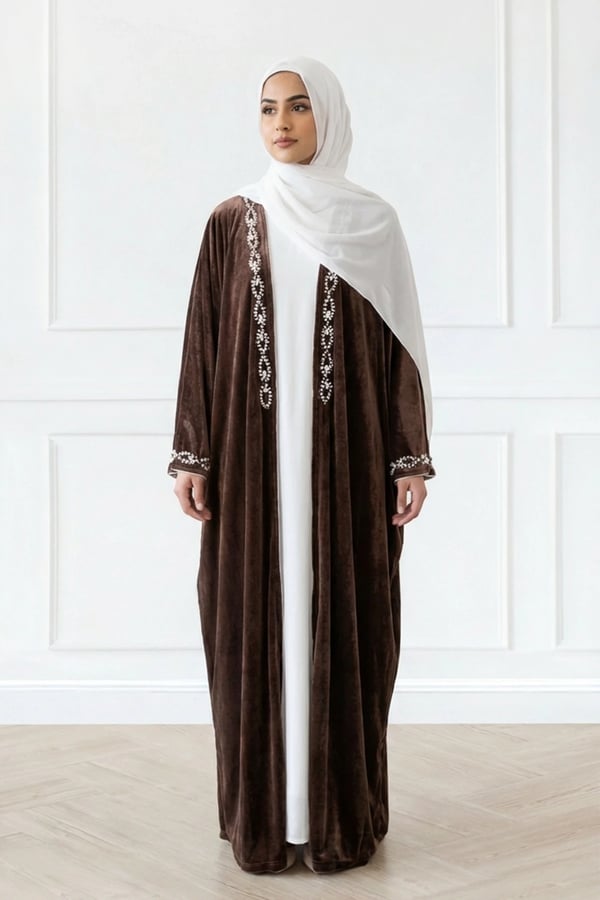 Roza Abaya collection with embroidered edges - DBROWN, 50