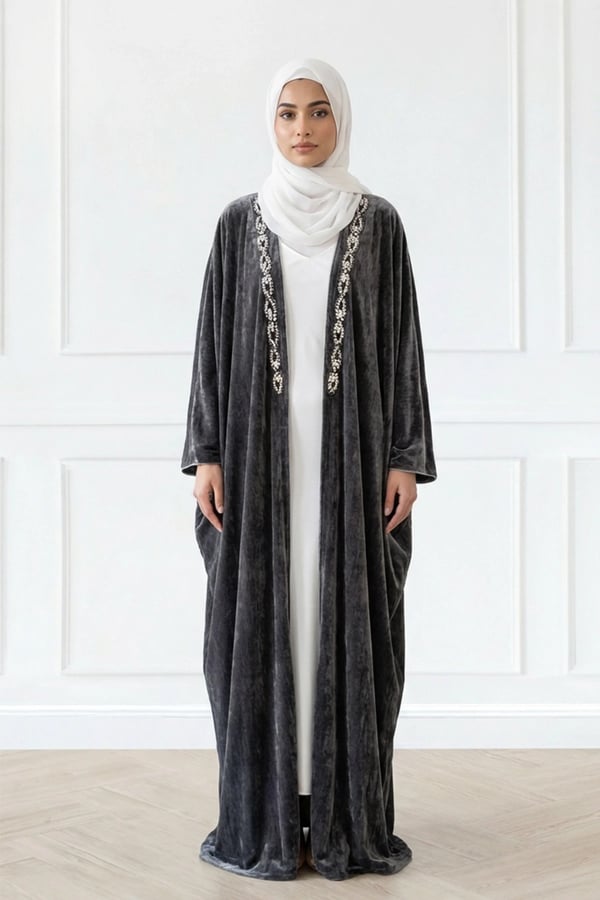 Roza Abaya collection with embroidered edges - Grey, 50