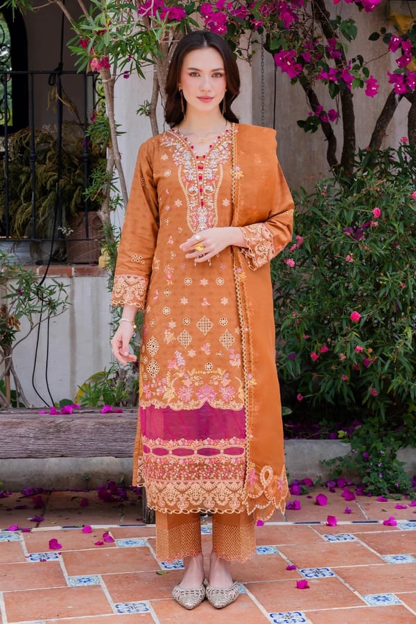 Aurea Eid collection 3 piece embroidered suit - Rust, X - Large