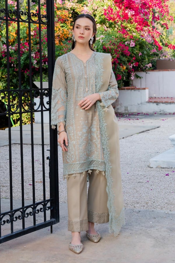 Aurea collection 3 piece Eid embroidered suit - Khakhi, X - Large